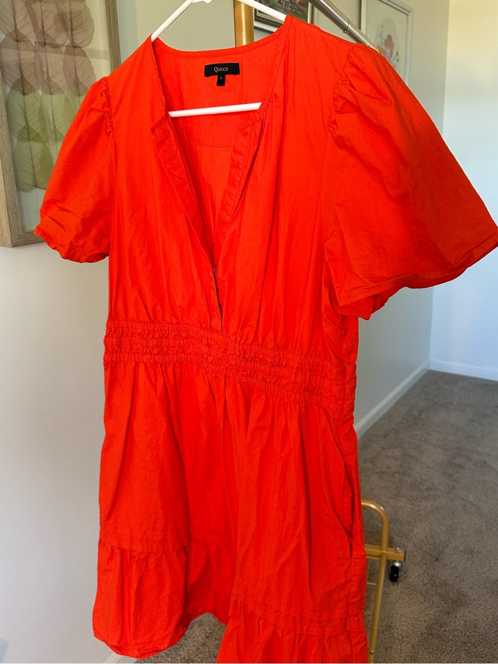Quince Bright Orange Short Sleeve V Neck Mini Dress - Size L